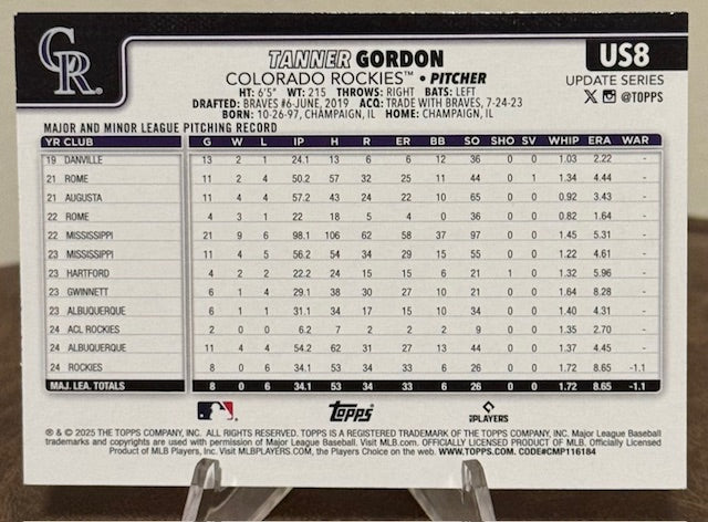 2025 Topps Update Series Baseball TANNER GORDON RC Holiday Foil #US8