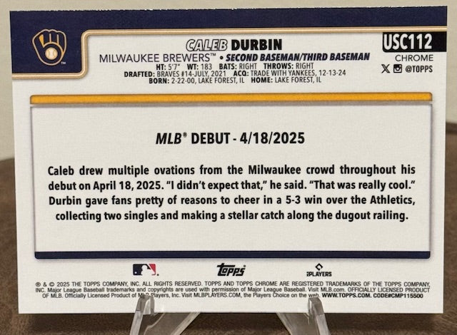 2025 Topps Chrome Update Baseball CALEB DURBIN RC Rookie Debut Sepia Refractor #USC112