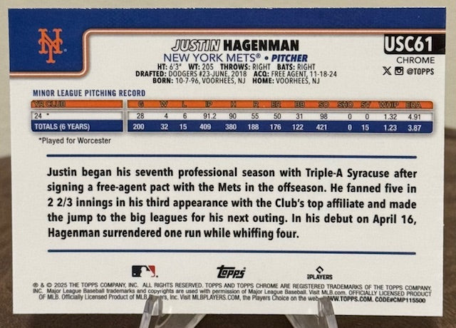 2025 Topps Chrome Update Baseball JUSTIN HAGENMAN RC X-Fractor #USC61