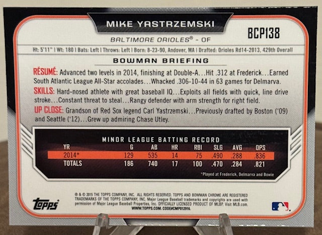 2015 Bowman Baseball MIKE YASTRZEMSKI 1st Chrome Prospect Black Refractor #BCP138