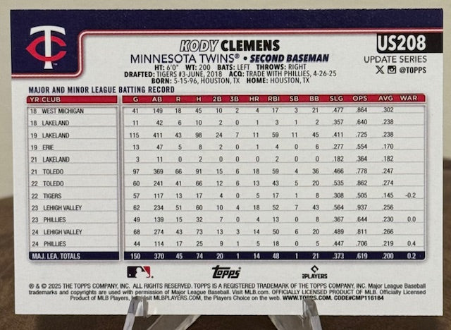2025 Topps Update Series Baseball KODY CLEMENS Holo Foil #US208