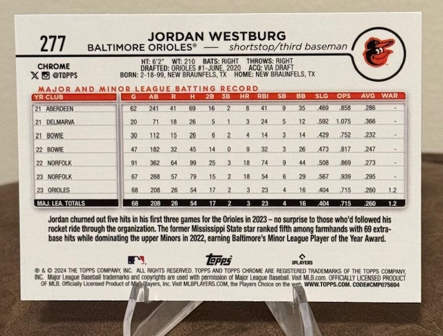 2024 Topps Chrome Baseball JORDAN WESTBURG RC Purple Refractor #277