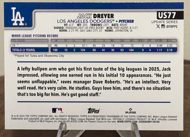 2025 Topps Update Series Baseball JACK DREYER RC Holo Foil #US77