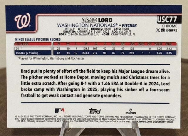 2025 Topps Chrome Update Baseball BRAD LORD RC X-Fractor #USC77