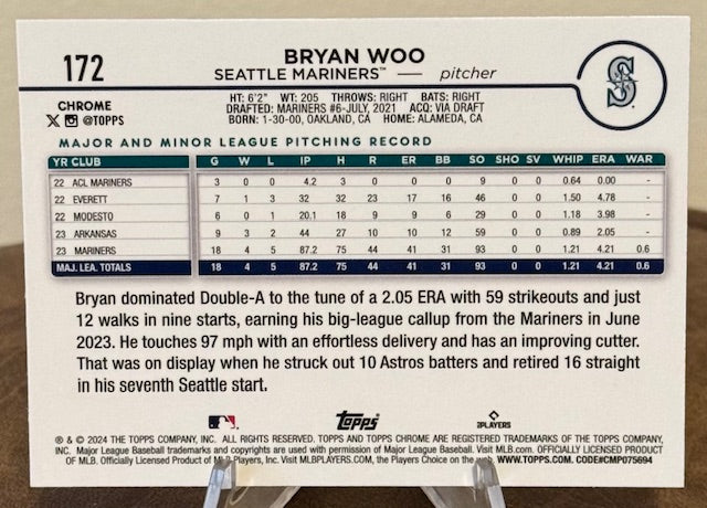 2024 Topps Chrome Baseball BRYAN WOO RC Prism Refractor #172