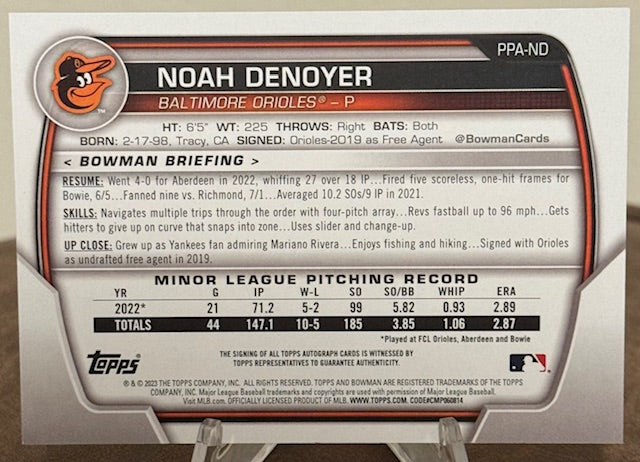 2023 Bowman Baseball NOAH DENOYER 1st Paper Prospect Autograph #PPA-ND