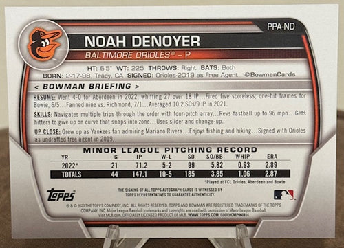 2023 Bowman Baseball NOAH DENOYER 1st Paper Prospect Autograph #PPA-ND