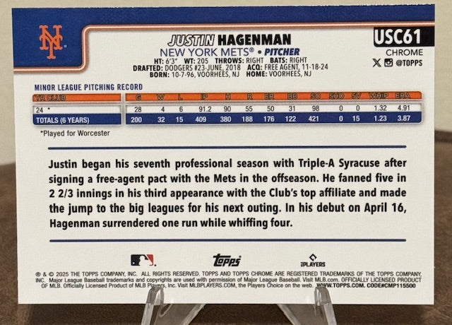 2025 Topps Chrome Update Baseball JUSTIN HAGENMAN RC Sepia Refractor #USC61