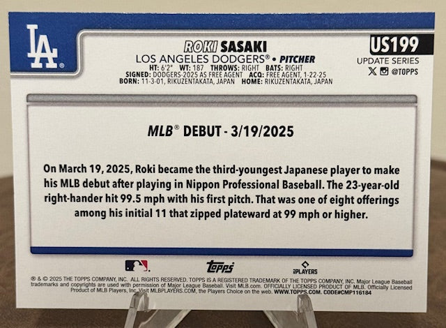2025 Topps Update Series Baseball ROKI SASAKI Rookie Debut #US199