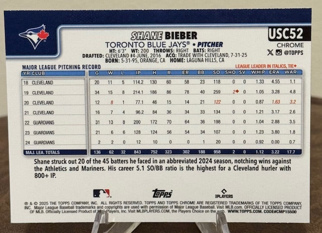 2025 Topps Chrome Update Baseball SHANE BIEBER X-Fractor #USC52
