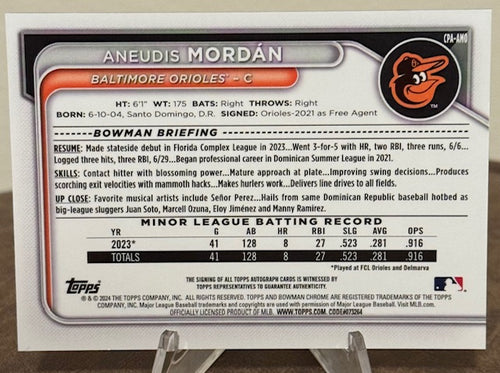 2024 Bowman Baseball ANEUDIS MORDAN 1st Chrome Prospect Autograph #CPA-AMO