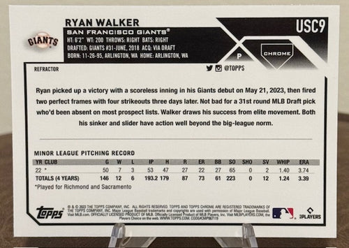 2023 Topps Chrome Update Baseball RYAN WALKER RC Refractor #USC9