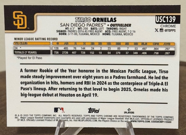 2025 Topps Chrome Update Baseball TIRSO ORNELAS RC X-Fractor #USC139
