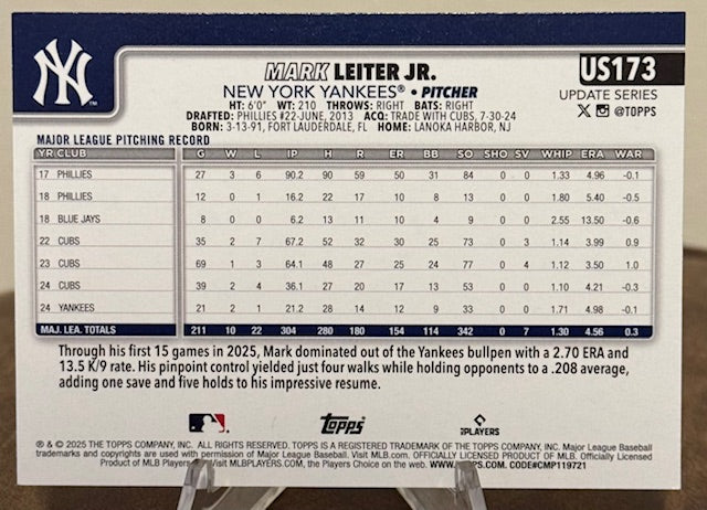 2025 Topps Update Series Baseball MARK LEITER JR. Full Photo Variation #US173