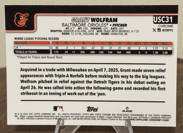 2025 Topps Chrome Update Baseball GRANT WOLFRAM RC X-Fractor #USC31