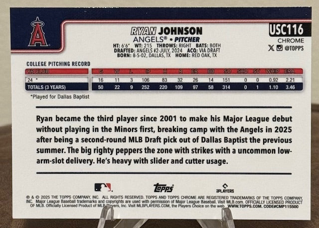 2025 Topps Chrome Update Baseball RYAN JOHNSON RC Sepia Refractor #USC116