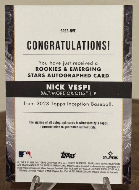 2023 Topps Inception Baseball NICK VESPI RC Rookies & Emerging Stars Autograph Aqua #BRES-NVE