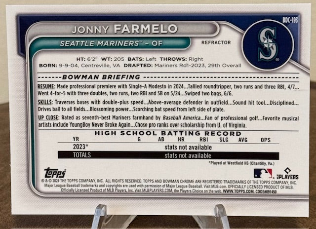 2024 Bowman Draft Baseball JONNY FARMELO Chrome Prospect Refractor #BDC-193