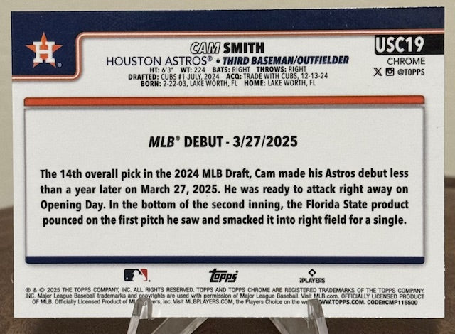 2025 Topps Chrome Update Baseball CAM SMITH RC Rookie Debut #USC19