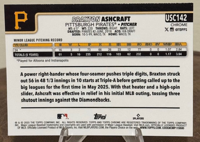2025 Topps Chrome Update Baseball BRAXTON ASHCRAFT RC RayWave Refractor #USC142