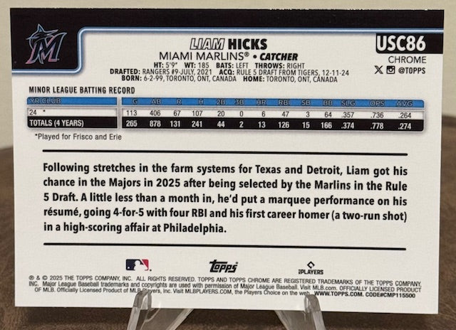 2025 Topps Chrome Update Baseball LIAM HICKS RC RayWave Refractor #USC86