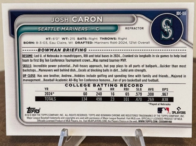 2024 Bowman Draft Baseball JOSH CARON 1st Chrome Prospect Refractor #BDC-155