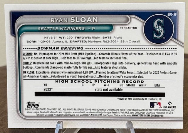 2024 Bowman Draft Baseball RYAN SLOAN 1st Chrome Prospect Refractor #BDC-99