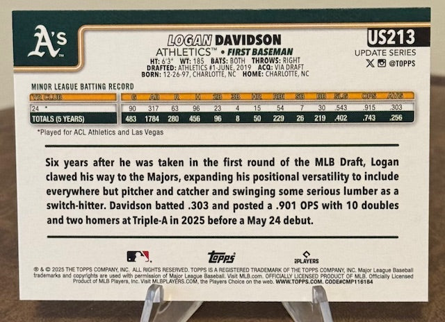 2025 Topps Update Baseball LOGAN DAVIDSON RC Diamante Foil #US213