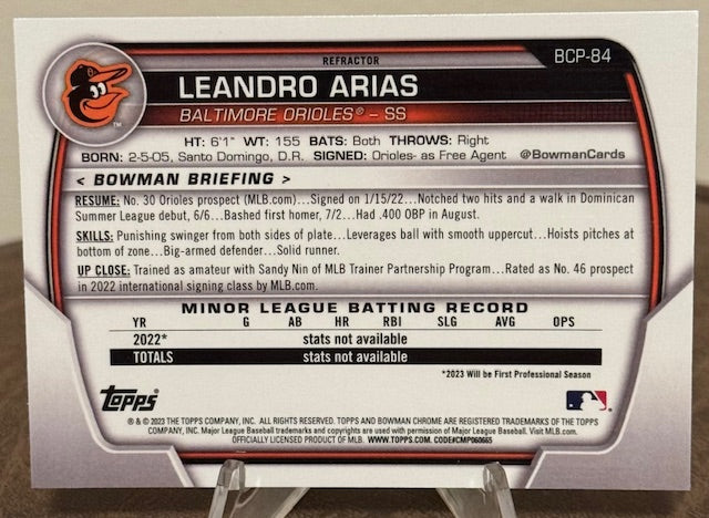 2023 Bowman Baseball LEANDRO ARIAS 1st Chrome Prospect Lunar Glow Refractor #BCP-84