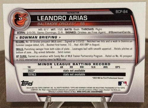 2023 Bowman Baseball LEANDRO ARIAS 1st Chrome Prospect Lunar Glow Refractor #BCP-84