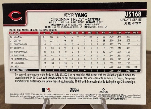2025 Topps Update Series Baseball ERIC YANG RC Holiday Foil #US168