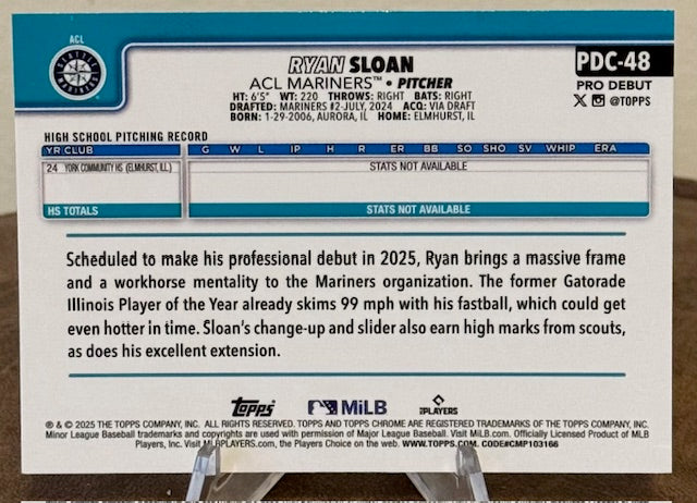 2025 Topps Pro Debut Baseball RYAN SLOAN Chrome #PDC-48